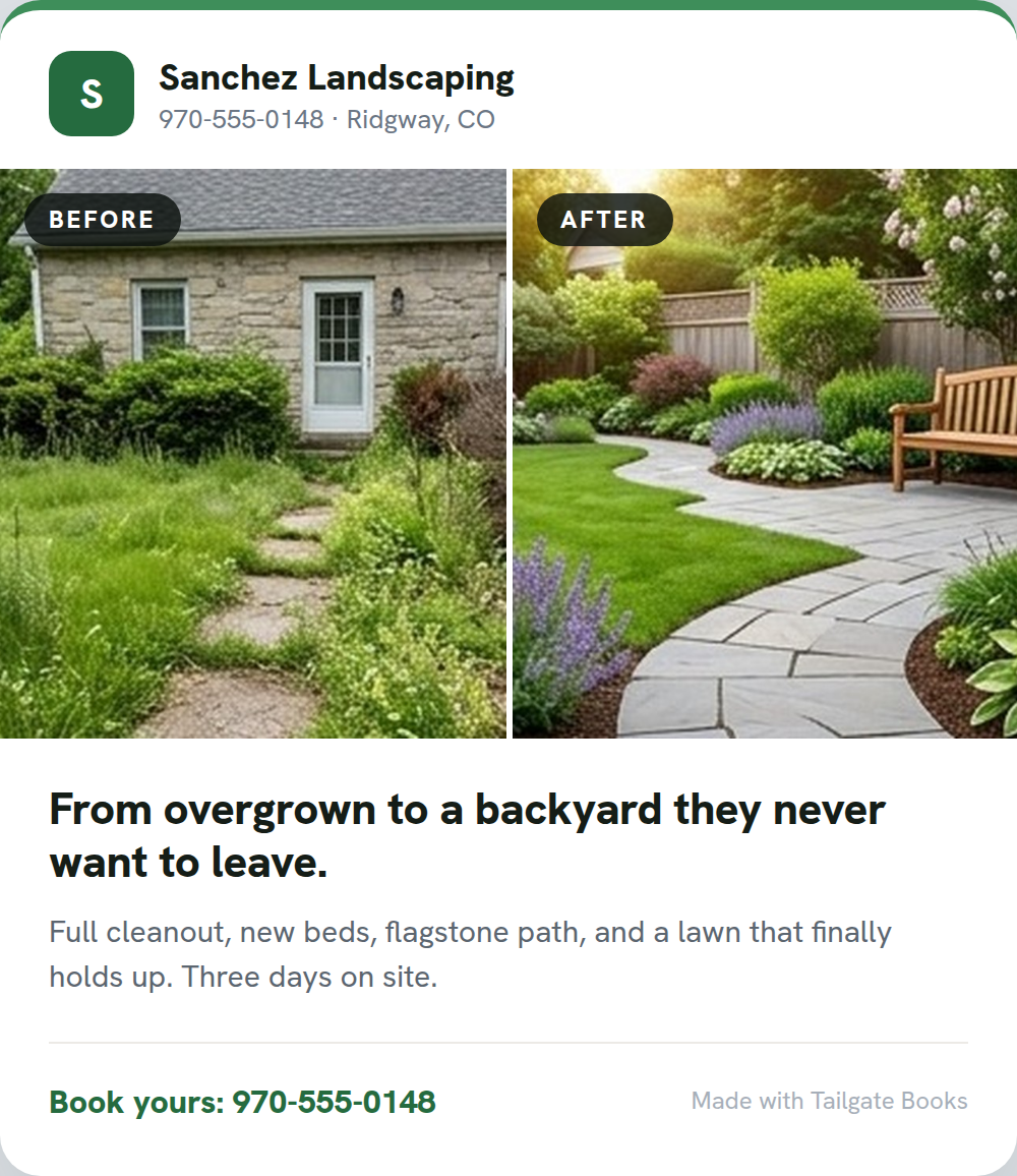 A branded before and after card showing an overgrown yard transformed into a landscaped backyard