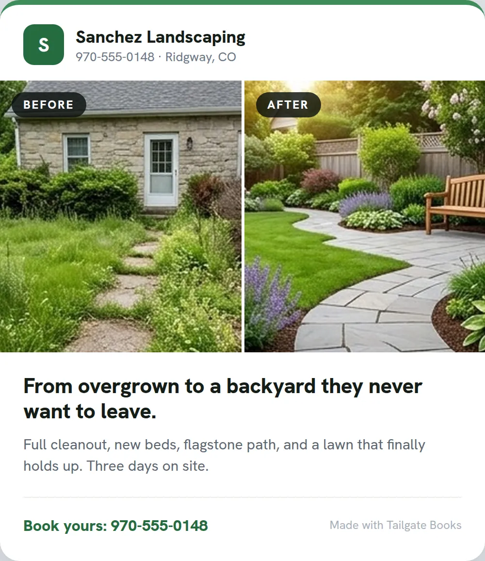 An example before and after card, with AI-generated photos of an overgrown yard turned into a landscaped backyard.