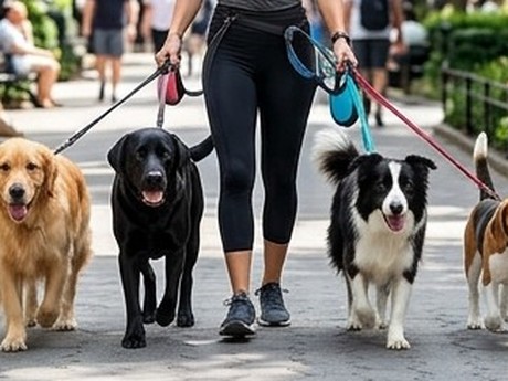 A dog walker on a tree-lined street walking four dogs