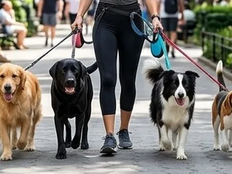 An AI-generated illustration of a dog walker on a tree-lined street walking four dogs.
