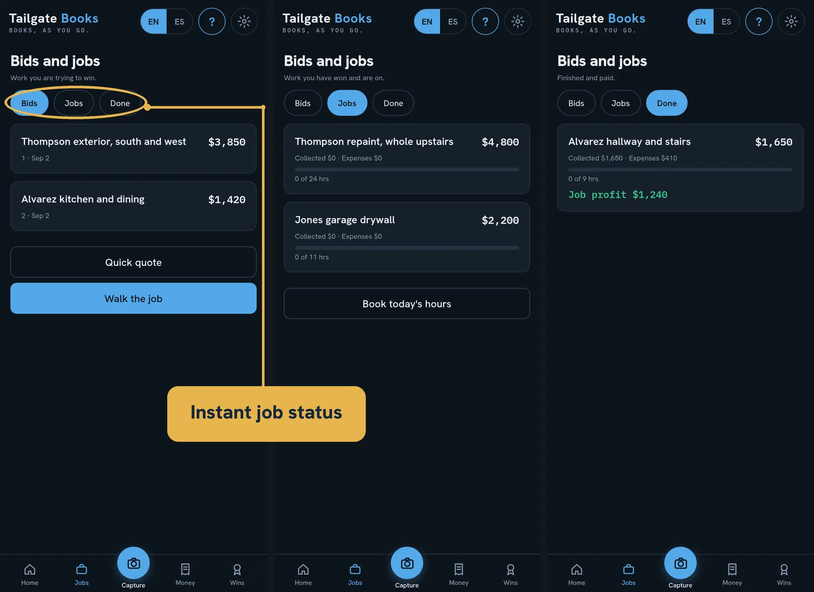 Three views of Bids and jobs: open bids, jobs in progress with what was collected and spent, and finished jobs with their profit.