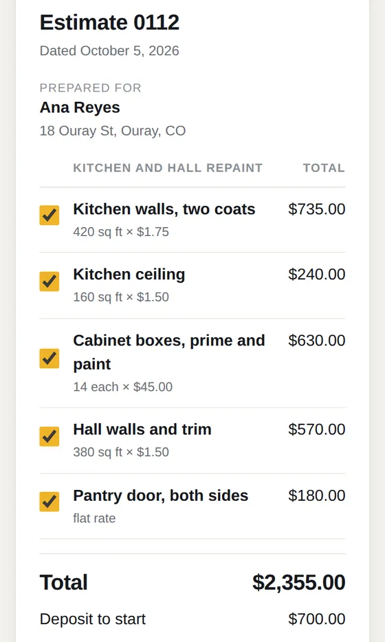 A customer estimate on a phone, with each line ticked to approve.