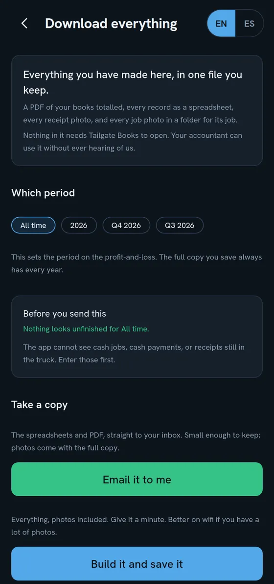 The Download everything screen, with a period picker and buttons to email it or save the whole file.