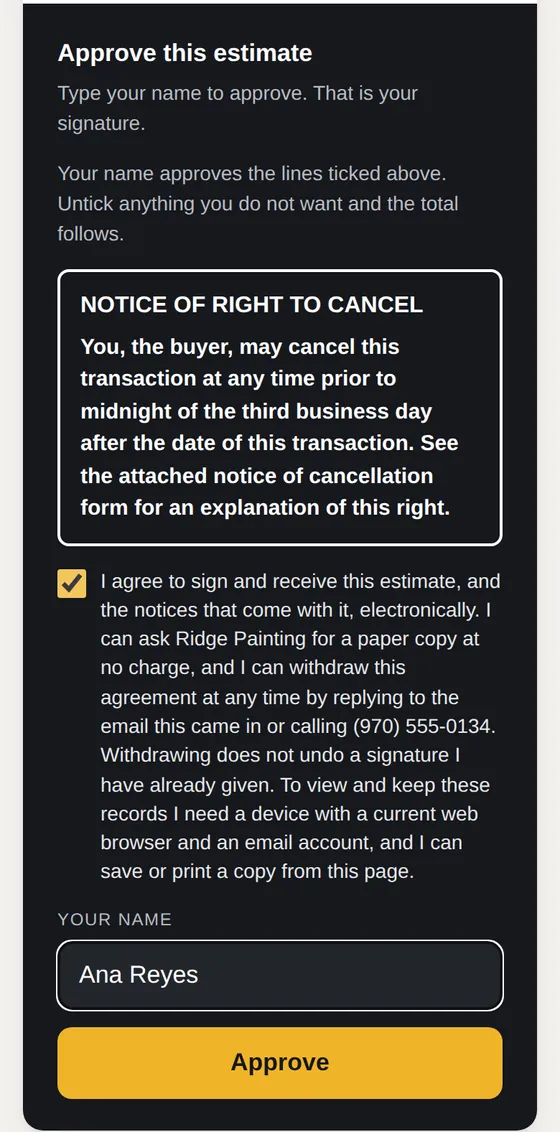 The approval box on an in-home sale, with the notice of the right to cancel above the signature.