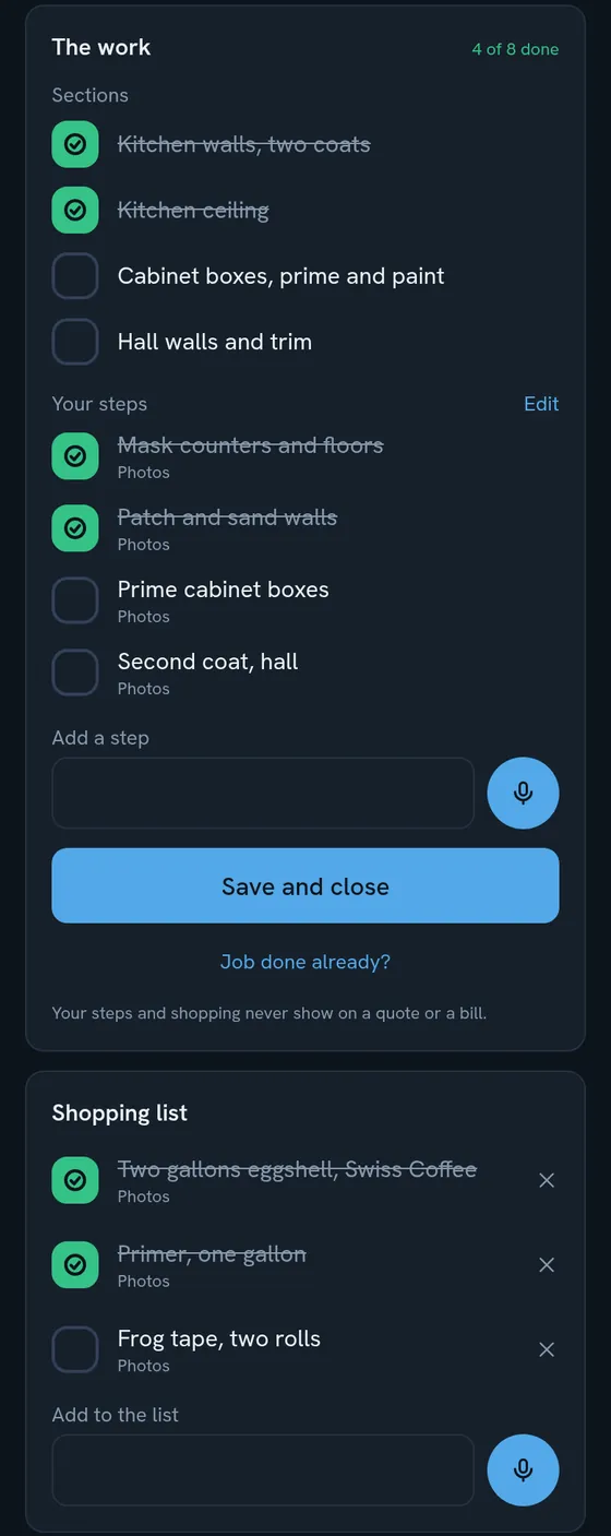 A job checklist with the quoted sections, your own steps and a shopping list, some checked off.
