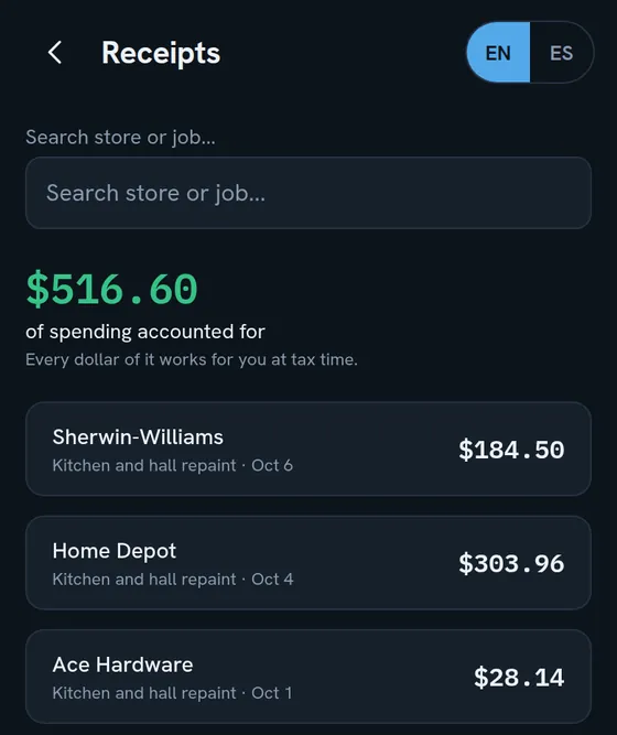 The receipts list, each one filed to a job, with the total of spending accounted for.